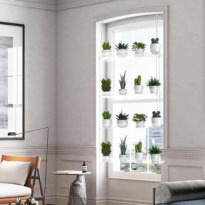 2-Pack Hanging Clear Plant Shelves for Windows, Acrylic Window Wall Plant Stand Shelf for Kitchen Indoor Gardens, Flower, Herb, Seedling Organization, and Pots Display, 16 Inch per Tier