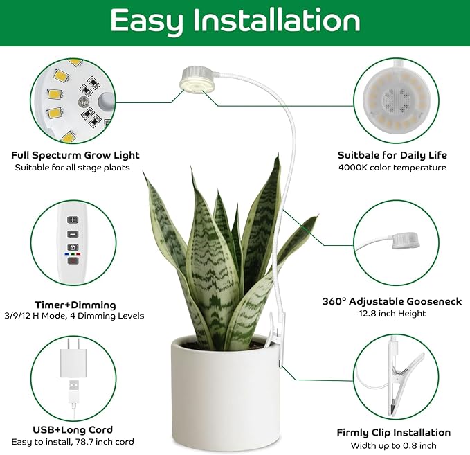 Grow Lights for Indoor Plants, Clip on Full Spectrum Plant Light, Plant Grow Lights Indoor with Adjustable Gooseneck and 10-Level Dimming, 3/9/12H Timer for Office Home (1 Pack)