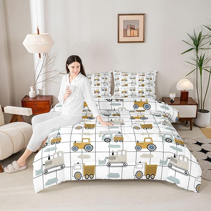 Feelyou Construction Truck Comforter Set Twin Kids Machinery Truck Excavators Vehicles Comforter for Boys Cartoon Tractor Bedding Set Excavator Tractor Plaid Grid White Duvet Set with 1 Pillow Case