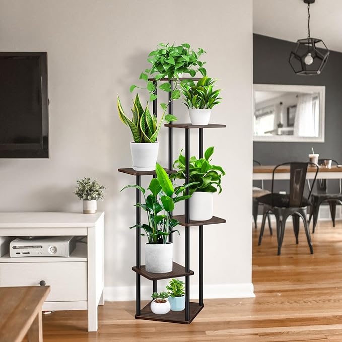 6 Tier Plant Stand Indoor, Thickened Metal Wood Corner Plant Shelf Stands for Multiple Plants, Indoor Tall Plants Stand Tiered Flower Holder for Living Room Patio Garden Balcony(Black+Oak)