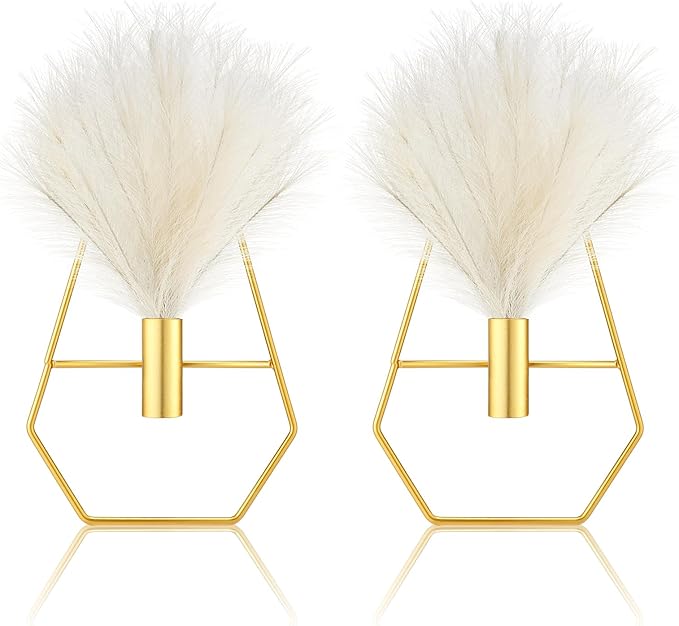 Peryiter 2 Pcs Boho Wall Decor Metal Gold Wall Art Hanging Planters with Artificial Pampas Modern Home Decor Display Art for Living Room Bedroom Bathroom(Vase)