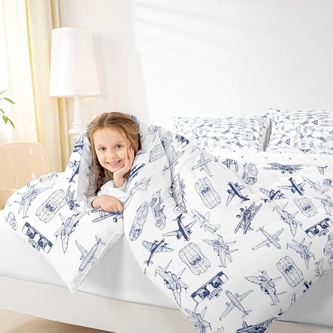 Feelyou Aircraft Bedding Set Kids Airplane Print Comforter Set Boys Girls Decor Aircraft Flying Comforter Cover Set Microfiber Sketch Style Blue White Duvet Set Bedroom Quilt Set Full Size