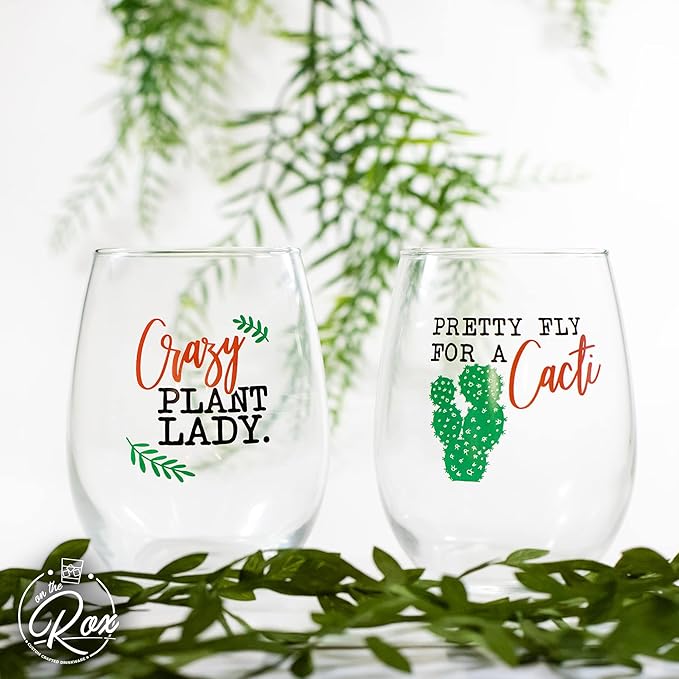 Succulent Plant Cactus Wine Gifts for Women- Set of 4 Funny Wine Glasses 15oz - Flower Lover Gift Mug - What the Fucculent- Crazy Plant Lady Glass Tumbler - Stemless Glasses Housewarming Gift