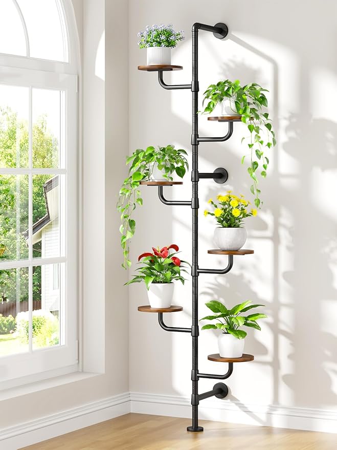 Plant Stand Indoor, 6-Tier Plant Shelf, Tall Wall Mounted Metal Pole & Rotating Wooden Board Plant Holder for French Window, Corner, Home Decor - C5