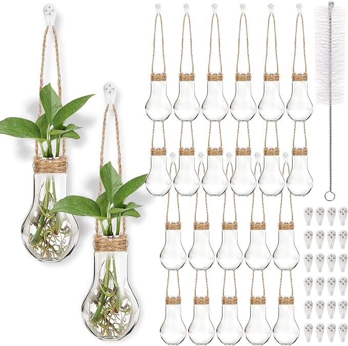 Baderke 24 Pack Hanging Propagation Station 3.9 Inch Plastic Plant Vases with Hooks & Cleaning Brush Clear Window Jars for Plant Clippings, Home Office Decor, Gardening Gifts for Women