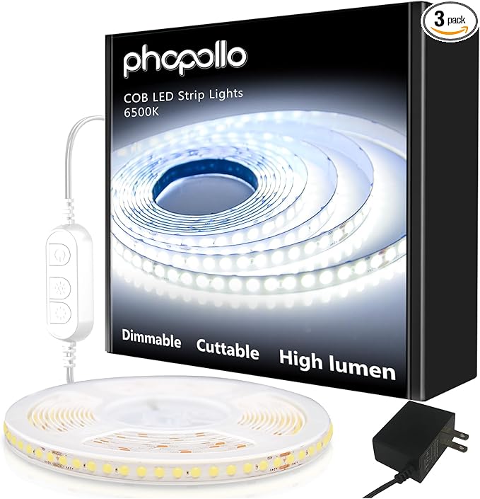 phopollo White LED Strip Lights, 18ft Dimmable 6500k Daylight White Led Light Strip, 840 LEDs Flexible Led Lights for Bedroom, Mirror, Kitchen Decoration