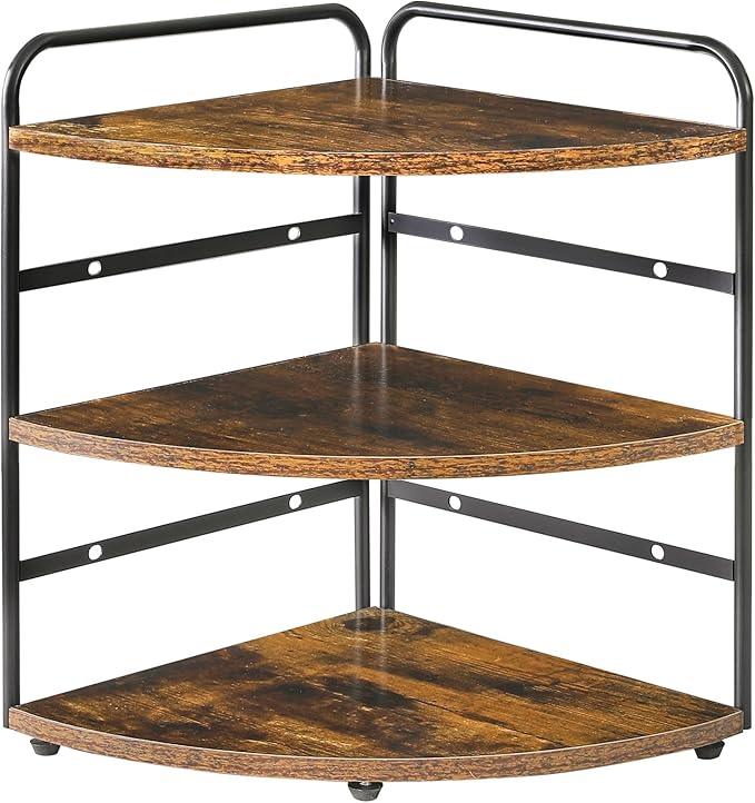 IBUYKE Corner Shelf, Kitchen Counter Organizer, Bathroom Vanity Trays, 3-Tier Spice Rack for Small Spaces,Cosmetic Storage Perfume Holder, Adjustable Height, Rustic Brown,TWJ002H
