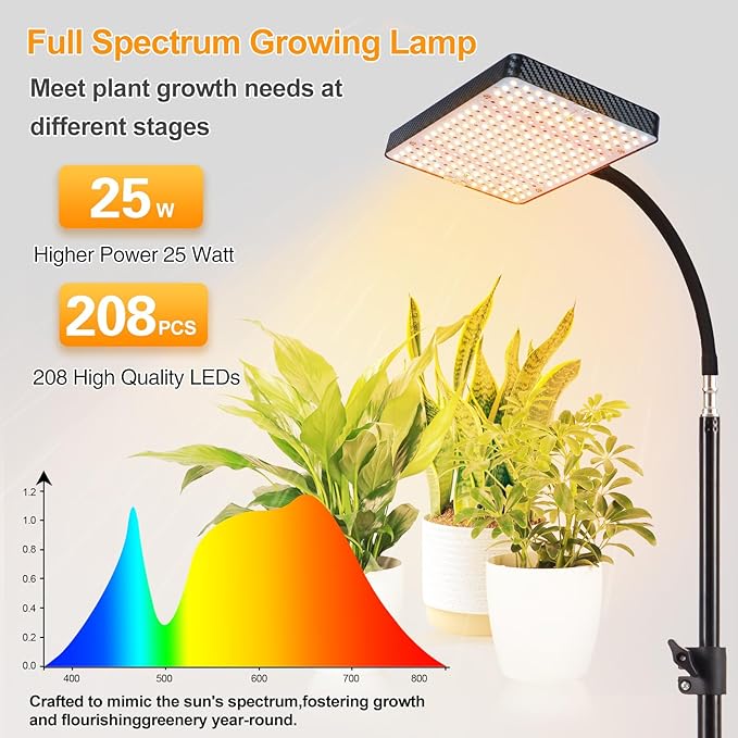 2026 Grow Light on Stand for Indoor Tall Plants, Bonsai Tree, Bright Natural Sunlight Full Spectrum, 4/8/12/16/20H Timer, 25 Watt Power Draw, NO Need Adapter, 24"-64" Height Adjustable