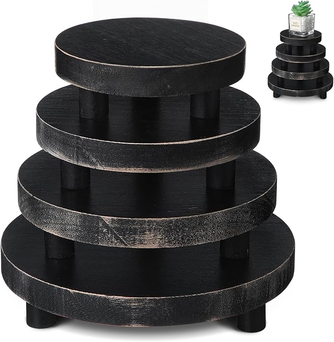 Geetery 4 Pcs Wooden Risers for Display Wood Pedestal Stand Mini Tray Stand Round Wooden Pedestal Holder Rustic Riser for Decor Tiered Tray Decor Home Kitchen, 5/6/7/8 Inch(Black)