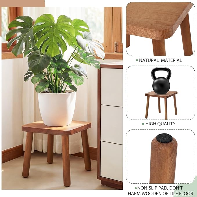 Pinkunn 3 Pcs Wood Plant Stand Indoor Plant Stand for 3-12 Inch Pots Mid-century Modern Plants Stool Plants Pot Holder Home Decor for Balcony Living Room Office Courtyard Detachable(Square Style)
