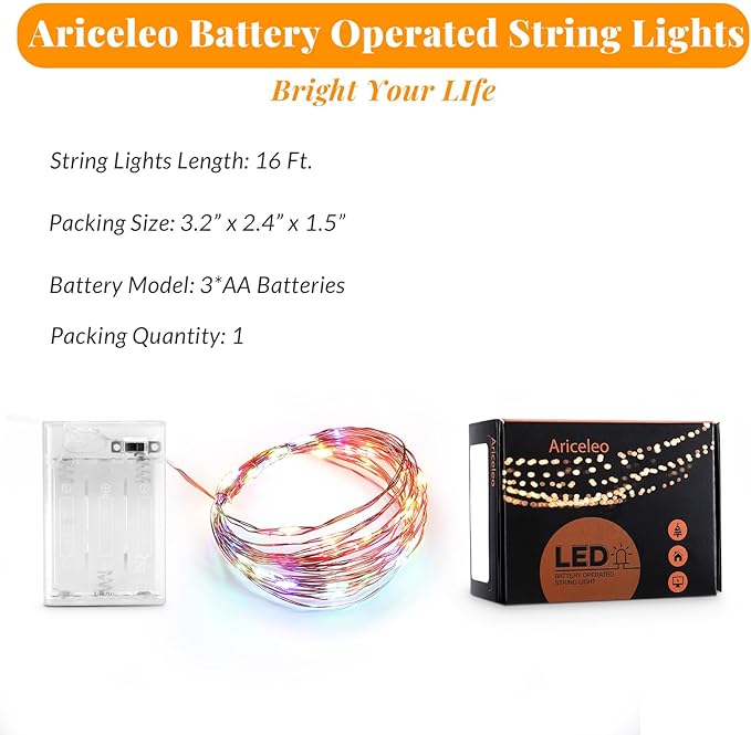 Ariceleo Led Fairy Lights Battery Operated, 1 Pack Mini Battery Powered Copper Wire Starry Fairy Lights for Bedroom, Christmas, Parties, Wedding, Centerpiece, Decoration (5m/16ft Multi-Colored)