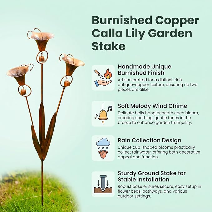 Flamed Copper Calla Lily Garden Stake with 3 Bells - 24" Large Metal Rain Catcher Flower Sculpture, Weather-Resistant Outdoor Yard Art Decor for Patio, Backyard & Gardening Gift (3 pcs)