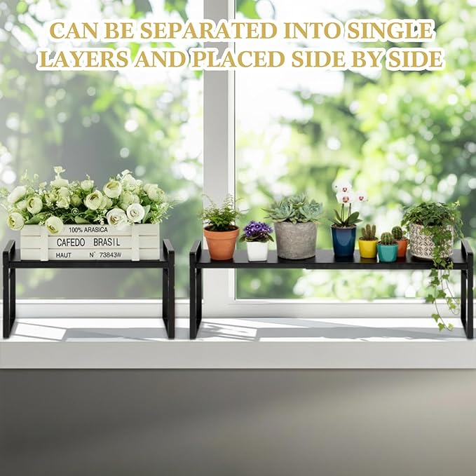 2 Pcs Expandable Window Sill Plant Shelf, 13.7 x 3.5 x 7.28 Inches, Stackable Narrow over The Sink Shelf, Adjustable Height Metal Window Sill Extender Shelves for Kitchen Bathroom (Black)