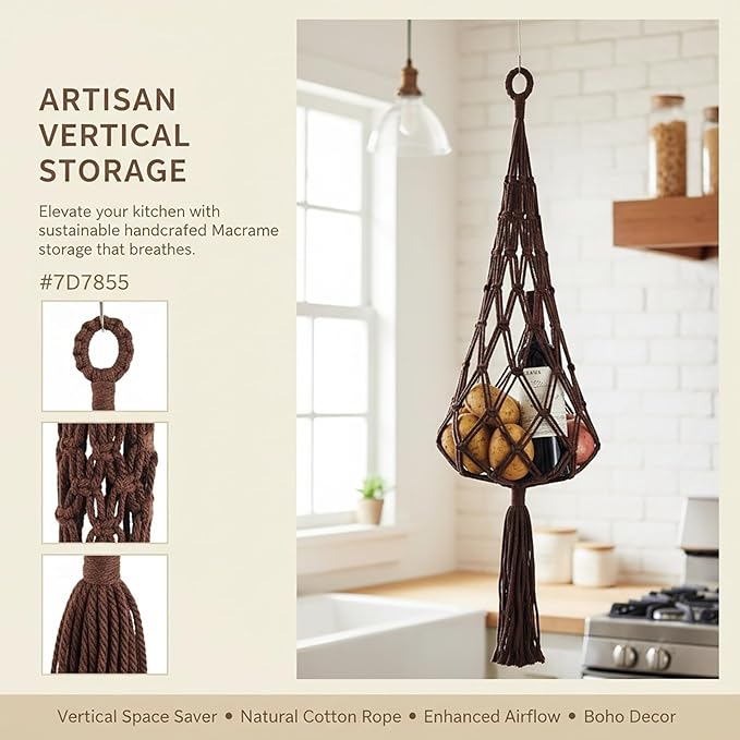 2-Pack Boho Macrame Hanging storage Bag, handmade vegetable basket hanging in the kitchen, handmade Net Storage Holder in Kitchen for Fruit/Vegetable/Patato/Tamato/Wine hanger Length:38" (Brown)