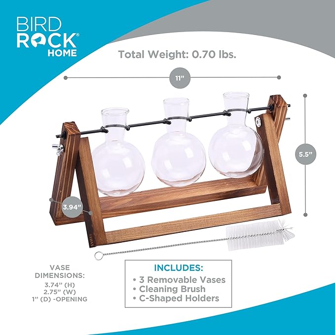 BIRDROCK HOME Plant Propagation Station | 3 Bulb Vase with Wooden Stand Terrarium | Great Gift Idea for the Home Office Garden | Hydroponics Plants