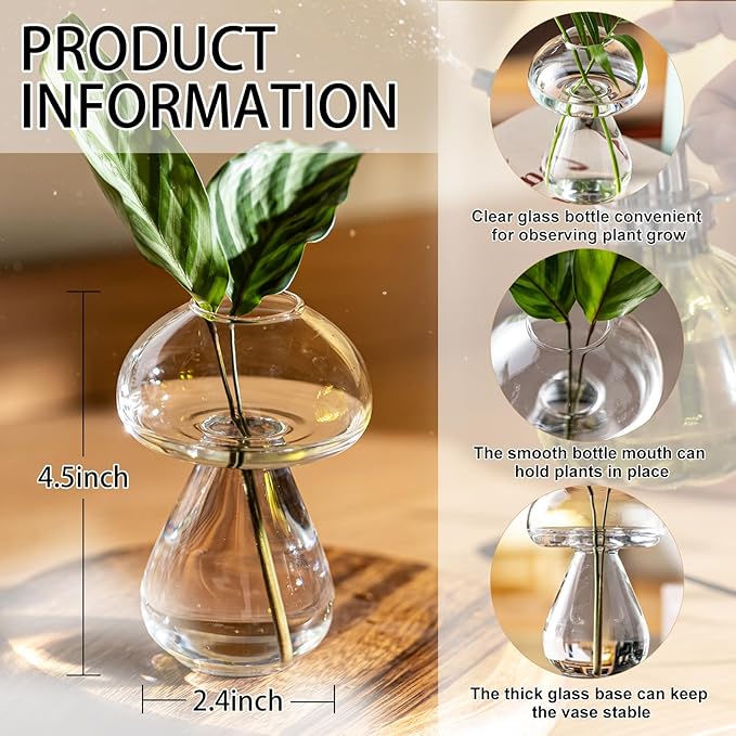 Mushroom Glass Planter, Plant Propagation Station, Cute Mushroom Vase, Clear Glass Terrarium Jar Propagation Vase for Indoor Plants Home Decor, Gifts for Plant Lovers (4)