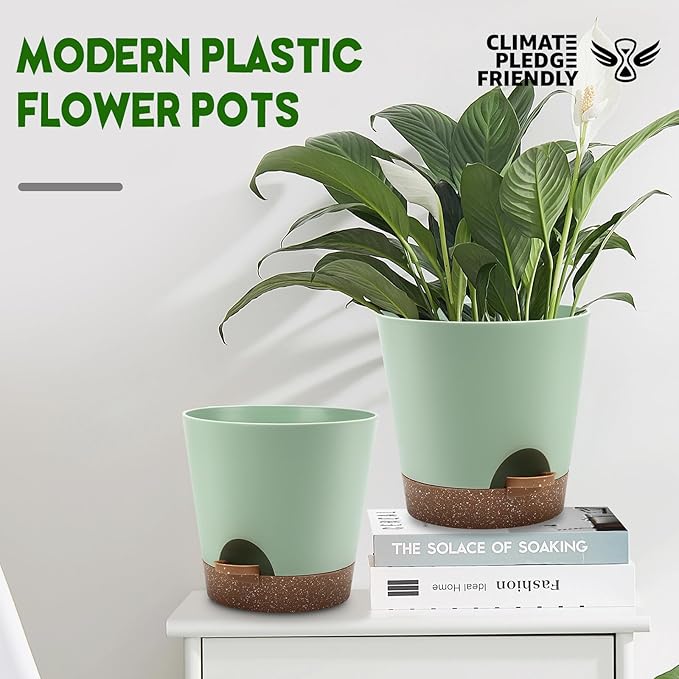 YNNICO Indoor Self Watering Planters with Drainage Holes and Saucers, 9,8, 7.5 Inches, Green, 3 Pots (Springgreen)