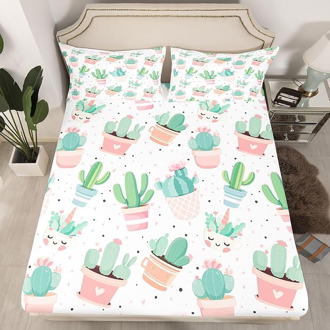 Feelyou Cute Cactus Bed Sheet Set for Girls Kids Bedroom Twin Size Boho Succulent Sheets Set Tropical Botanical Pattern Bedding Set Watercolor Pastel Pink Green Decor