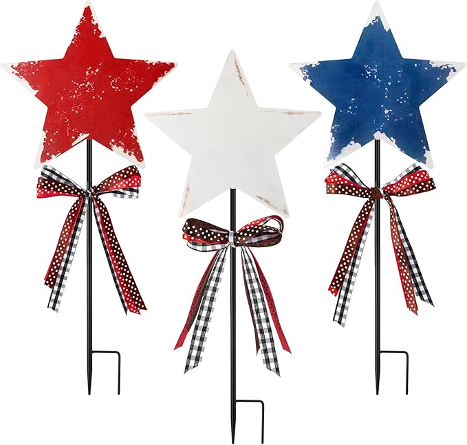 Amyhill 4th of July Outdoor Decor Patriotic Star Metal Garden Stakes Welcome Yard Signs Retro Red White Blue American Star Garden Stakes for 250th Anniversary Patio Lawn Walkway Outside Decorations