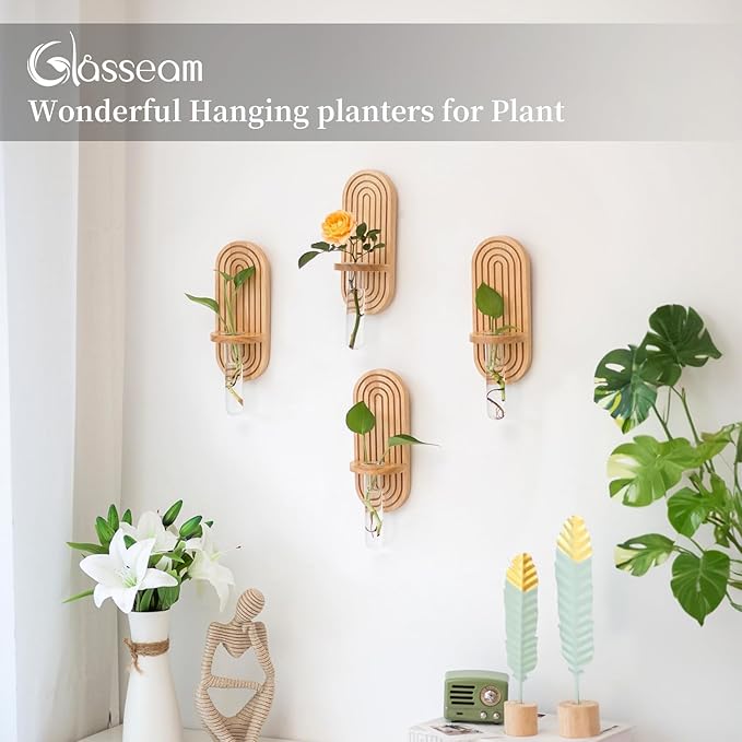 Glasseam Propagtion Stations for Wall Decor: 4pcs Boho Hanging Glass Propagation Vases for Plants and Flowers - Indoor Wood Wall Planter with Test Tube for Living Room Entryway Office Home Decor