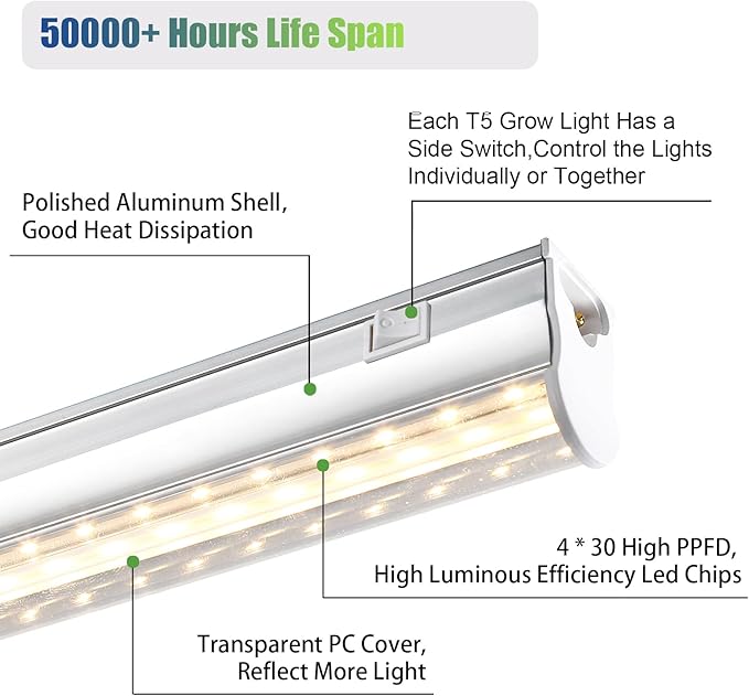 RWNTAO Grow Lights for Indoor Plants, 3000K Full Spectrum, 1FT Plant Growing Lamp with Side Switch, LED Growing Light Bulbs, T5 Growth Light Strip, Plug and Play, 4-Piece Set