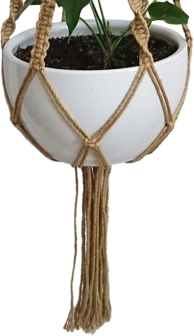 1 PCS 6 Legs Macrame Plant Hanger Jute Double Tiers Plant Hanger & Plant Holder with 6 pcs Round Brown Wood Bead, Hanging Planter 65-inches for 8 inch and 10 Inch Plant Pot (Without Pot)