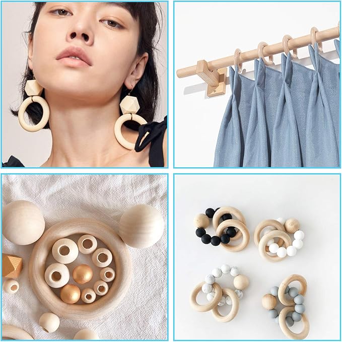 15 Pcs Macrame Wooden Rings, Natural Unfinished Solid Wood Rings for DIY Craft Pendant Connectors (55 mm)