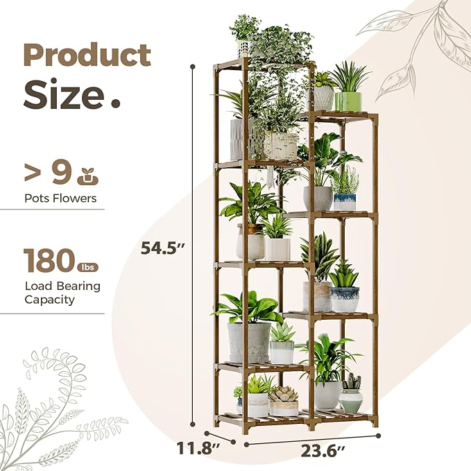Bamworld Plant Stand Indoor Outdoor 9 Tier Tall Large Wood Plant Shelf Multi Tier Flower Stands Garden Shelves Wooden Plant Display Holder Rack for Living Room Corner