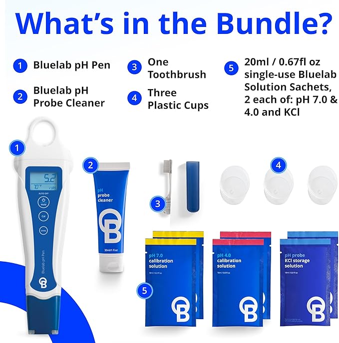 Bluelab pH Pen Meter and Probe Care Kit pH with Calibration Supplies, Storage Solution & Brush, Reliable Digital Tester for pH, Temperature in Growing Solutions, Optimal Plant Health and Yield