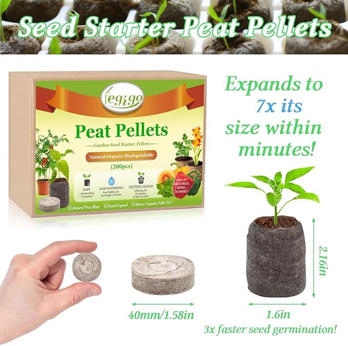 Legigo 50 PCS 40mm Peat Pellets Seed Starter Soil, Compressed Seed Starting Pods Plant Starter Soil Pods Plugs for Seedlings, Peat Pods for Starting Seeds, Herbs Tomatoes Flowers and Vegetables