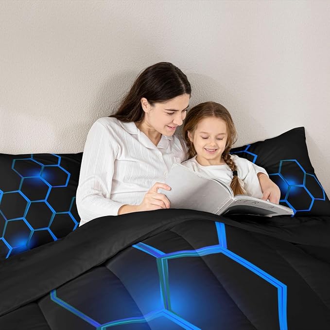 Feelyou Honeycomb Kids Comforter Set ModernHexagon Bedding Set for Boys Children Teens Bedroom Decor Geometrical Comforter Beehive Geometric Black Blue Duvet Set Full Size with 3 Pillow Case