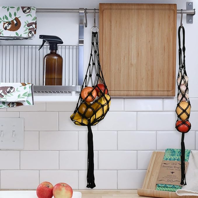 Beautyflier 2 Pieces Macrame Hanging Fruit Basket, Wall Hanging Potato Onion and Fruit Boho Fruit Holder Net for Kitchen Decor (Black)