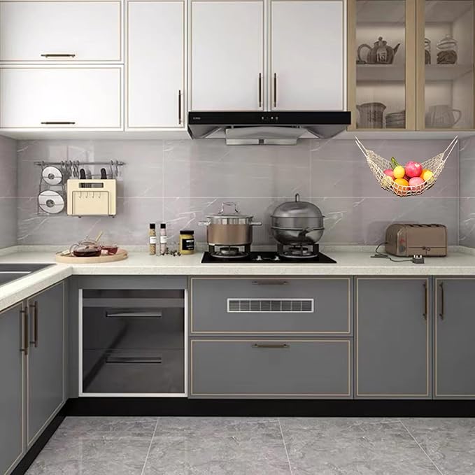 Fruit Hammock for Kitchen Under Cabinet,Large Macrame Fruit Hammock for Kitchen Décor,Storage That Saves Counter For More Counter Space at Home, Boat, or Rv,with 4 Hooks.(nature)