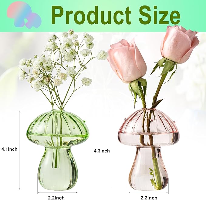 Mushroom Vases, Set of 2 Colored Plant Propagation Station, Mushroom Propagation Vase, Mini Terrarium for Plants, Cute Glass Hydroponic Vase for Flowers, Gifts for Women, Plant Lover (2)