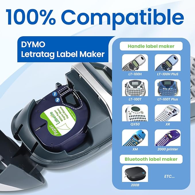 Labelife Paper White Tape Compatible with DYMO LetraTag Refills 12mm x 4m 1/2'' x 13', Replace for DYMO Label Maker Refills 91330 10697 LT Label Tape for Letra Tag LT-100H LT-100T 200B QX50, 5-Pack