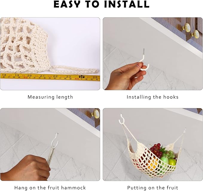 Fruit Hammock Under Cabinet with Hooks, Macrame Hanging Fruit Basket for Kitchen, Produce Hammock Banana Hanger, Boho Fruit and Veggie Storage Net, Space Saving Kitchen Organizer.