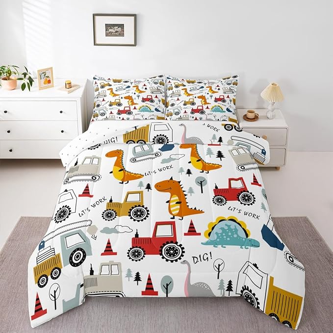 Feelyou Construction Comforter Set Kids Cartoon Dinosaur Comforter Cover Set for Boys Equipment Trucks Bedding Set Construction Vehicles Kawaii Jungle Dino Duvet Set Room Decor Twin With 1 Pillow Case