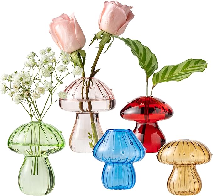 Mushroom Vases, Set of 5 Colored Plant Propagation Station, Mushroom Propagation Vase, Mini Terrarium for Plants, Cute Glass Hydroponic Vase for Flowers, Gifts for Women, Plant Lover (5)