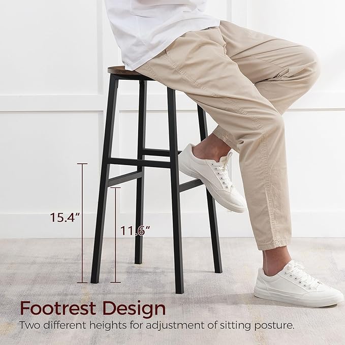 MAHANCRIS Bar Stools, Set of 2 Round Bar Chairs with Footrest, 28 Inch Kitchen Breakfast Bar Chairs, Industrial Bar Stools, Easy Assembly, for Dining Room, Kitchen, Rustic Brown BAHR02701