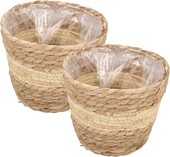 Angoily Round Wicker Plant Basket 2PCS Seagrass Rattan Flower Plant Pots Basket Planters Decorative Woven Flowerpots Wastes- Desktop Floor Weaving