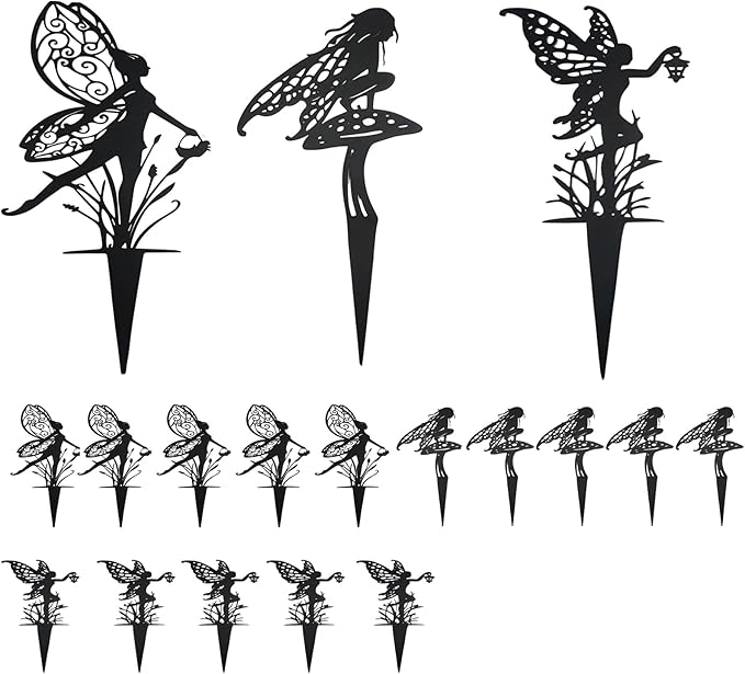 Decorative Garden Stakes， Fairy Garden Stakes, Butterfly Fairy Stakes for Weather Resistant Black Metal Outdoor Decorative Art for Women Gift (Matte Black, 18P-A)