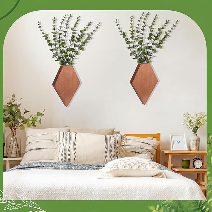 Chunful 2 Pcs Wooden Wall Planter Decor Hanging Fake Plants Greenery Flowers Holder Vase Boxes for Wall Bohemian Farmhouse Room Kitchen Office Indoor Decoration(Walnut Color,7.1 x 4.7 x 1.2 Inches)