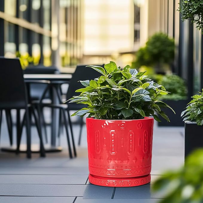 Eightpot 12 Inch Pots for Plants, Ceramic Pots for Plants Indoor Outdoor, Round Flower Pot with Drainage Holes and Saucers, Modern Decorative Planter, Home Porch Decor, Gardening Gifts, Red