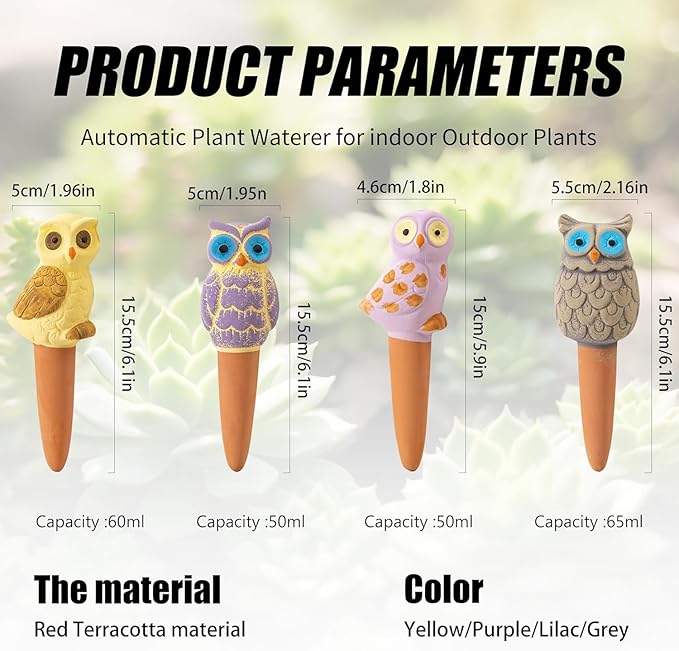 Mother’s Day Gift for Mom from Daughter or Son, 4 Pack Handmade Terracotta Owl Watering Globes & Spikes, Self-Watering Plant Devices with Slow Release System for Indoor & Outdoor Plants, Vacation Use