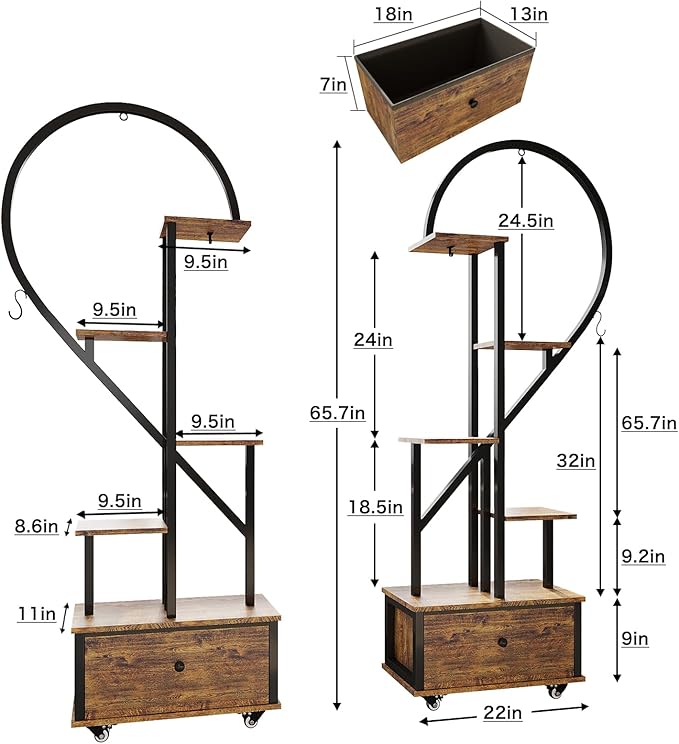 Heart Shaped Indoor Plant Stand with Rolling Storage Cabinet & Drawer, Multi-Tier Plant Shelf with Hanging Hooks & Casters for Home Office Living Room Patio Balcony, Rustic Brown, 2 Pack