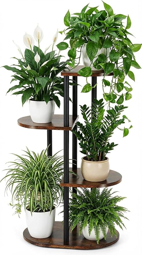 Tiered Plant Stand Indoor, Tall 4 Tier 5 Potted Wooden Plant Shelf for Multiple Flower Plants, Multi Corner Metal Plant Holder Indoor for Patio Garden Patent Design Living Room Balcony Bedroom, Rustic Brown