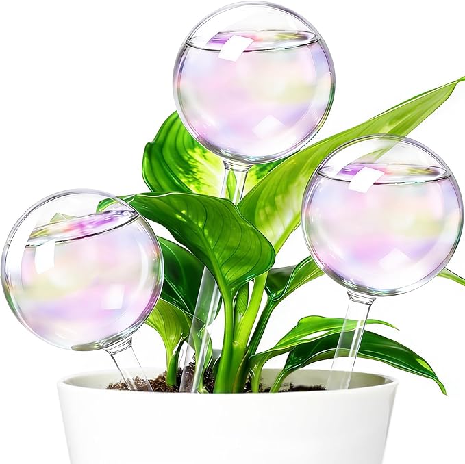3 Pcs Iridescent Self Watering Globes,Automatic Plant Glass Waterer Bulbs,Rainbow Plant Watering Insert,Clear Glass Plant Water Globes for Indoor & Outdoor