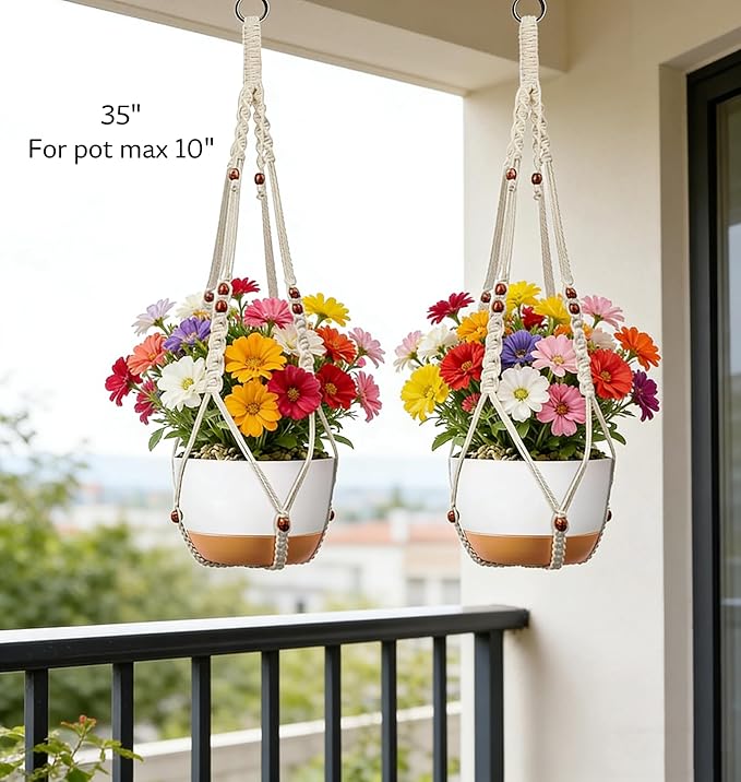 35 inch Macrame Plant Hanger for 5-10 Pot Indoor wall Window Boho Long Crochet White Rope Hanging Planters for Plant Holder Outdoor (Ivory2)