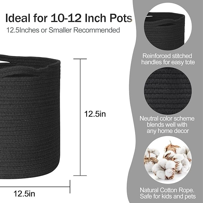MEGASKET Cotton Rope Plant Basket, Woven Basket Planter for 11 inch Pot, Round Indoor Tree Pot Cover, Storage Bin Organizer, Modern Planter and Home Decor, 12.5”X12.5”, Black