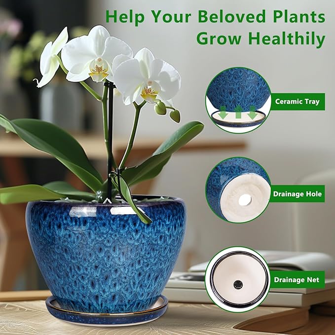 Ceramicfor 10 Inch Ceramic Planter Pot, Ceramic Plant Pot for Indoor Outdoor Plants, Large Flower Pot with Drainage Hole and Saucer, Blue